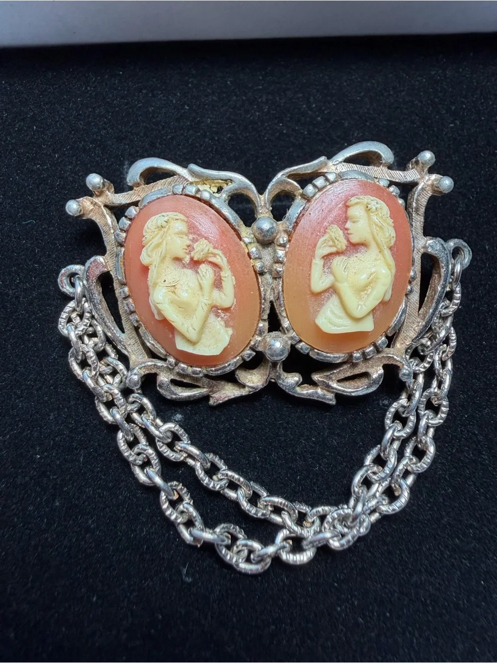 Vintage Mid-Century Double Cameo Sweater Guard Brooch Pin – Silver Tone Chatelai